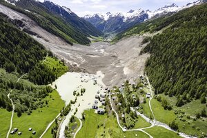An avalanche of mud, ice, and rock forced residents of a picturesque Swiss village to evacuate before it buried around 90% of it. The debris from a collapsed glacier also blocked a nearby river, raising concerns of flooding. 