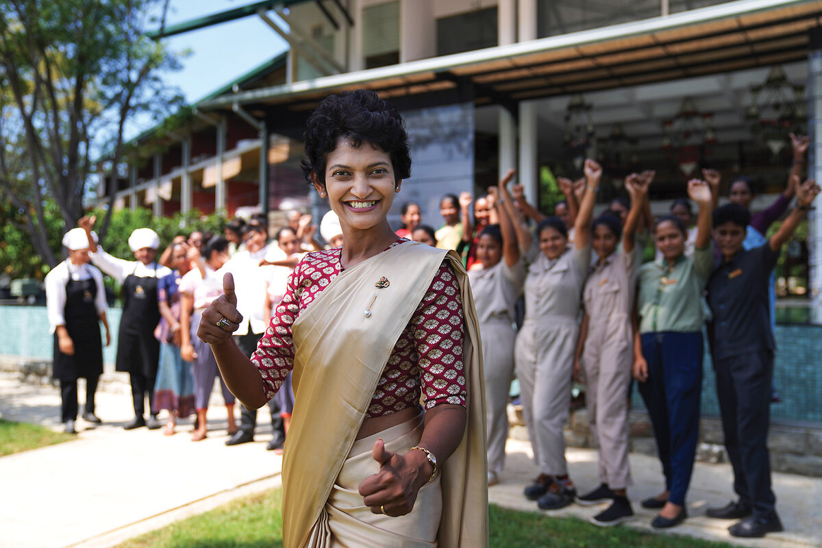 Manager Jeewanthi Adikari stands with staff members at Amba Yaalu resort in Kandalama, Sri Lanka.