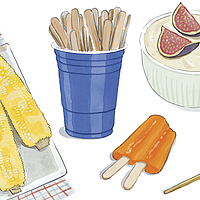 A watercolor-style illustration of three ears of yellow corn, a cup of popsicle sticks and an orange popsicle, and cut figs.