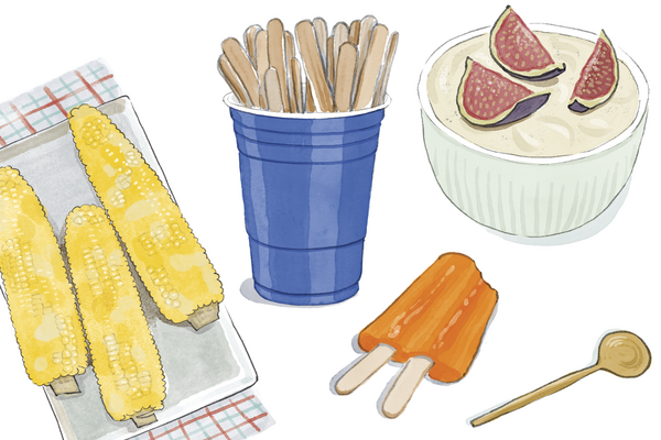 A watercolor-style illustration of three ears of yellow corn, a cup of popsicle sticks and an orange popsicle, and cut figs.