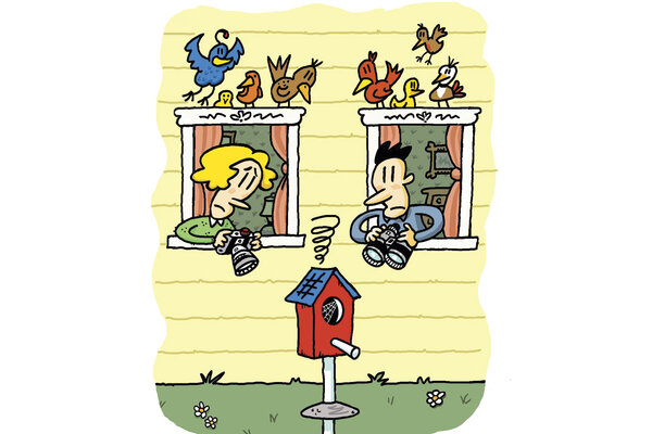 A cartoon shows two birders eyeing an empty birdhouse, even as colorful birds perch on the window ledges above their heads.
