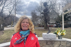 When Bobbi Gibb sprang out of the bushes and into the Boston Marathon, she proved women could run 26.2 miles. A new sculpture she crafted at the race start marks her legacy.