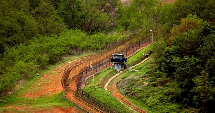 A lush forest encroaching a double-rowed fence with guard tower, a scene from the Korean Demilitarized Zone.  We talk about serious illness should be moved to the "DMZ," instead of viewed as a battle.